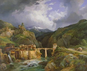 Dorf und Brücke von Crevola auf der Straße von Simplon nach Domodossola, 1832